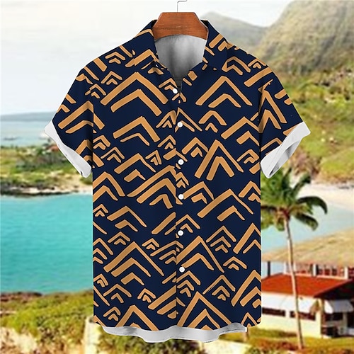 

Men's Shirt Aloha Shirt Graphic Prints Geometry Turndown Blue Navy Blue 3D Print Street Casual Short Sleeves Button-Down Print Clothing Apparel Fashion Designer Lightweight Casual