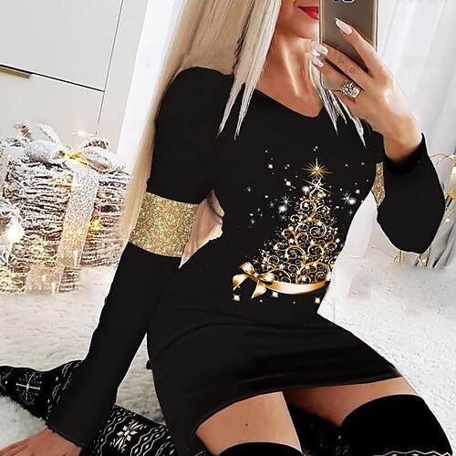 

Women's Casual Dress T Shirt Dress Tee Dress Shift Dress Mini Dress Gold Long Sleeve Christmas Tree Pocket Winter Fall Autumn V Neck Fashion Christmas Daily Vacation Loose Fit 2022 S M L XL XXL 3XL