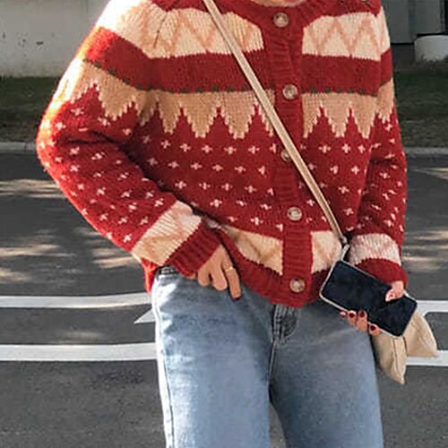 

Women's Ugly Christmas Sweater Cardigan Sweater Jumper Ribbed Knit Knitted Geometric Crew Neck Stylish Casual Outdoor Christmas Winter Fall Red S M L