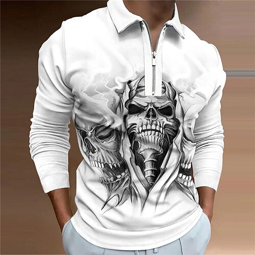 

Men's Polo Shirt Golf Shirt Skull Graphic Prints Turndown Green White 3D Print Outdoor Street Long Sleeve Zipper Print Clothing Apparel Fashion Designer Casual Soft