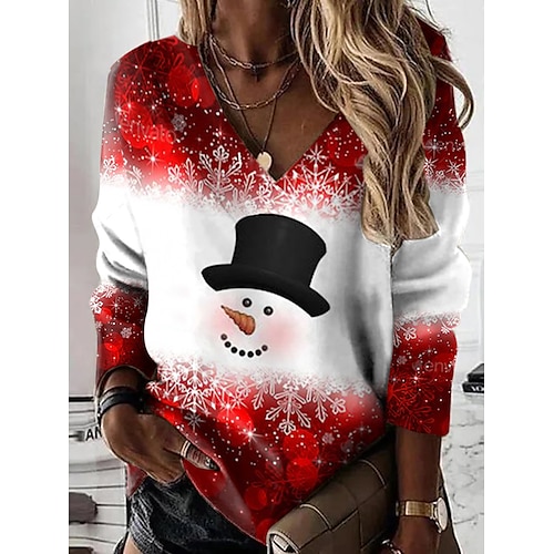 

Women's Sweatshirt Pullover Basic Red Snowman Christmas V Neck Long Sleeve S M L XL 2XL 3XL