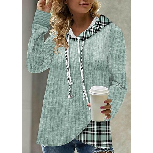 

Women's Hoodie Sweatshirt Pullover Basic Light Green Plaid Casual Hoodie Long Sleeve S M L XL 2XL 3XL