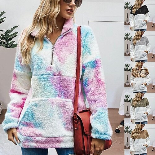 

Women's Sweatshirt Pullover Sherpa Fleece Teddy Zipper Front Pocket Leopard Print Light Army Green Powder blue tie dye Color Block Street V Neck Long Sleeve Fleece S M L XL 2XL 3XL