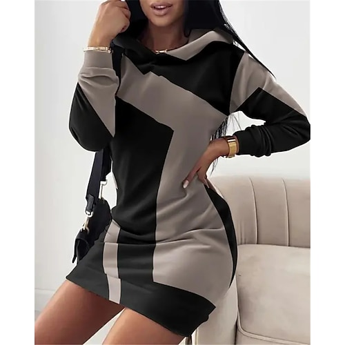 

Women's Hoodie Dress Shift Dress Mini Dress Black Long Sleeve Geometric Print Winter Fall Spring Hooded Fashion Daily Date 2022 S M L XL XXL 3XL