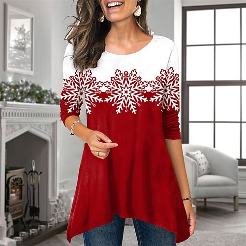 

Women's T shirt Tee Green Black Blue Snowflake Flowing tunic Print Long Sleeve Christmas Weekend Basic Round Neck Long Painting S