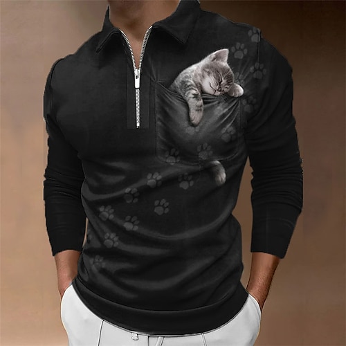 

Men's Polo Shirt Golf Shirt Animal Cat Graphic Prints Turndown Black 3D Print Outdoor Street Long Sleeve Zipper Print Clothing Apparel Fashion Designer Casual Soft