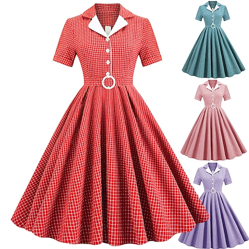 

Women's 1950s Audrey Hepburn Swing Dress Cotton Blend Flare Dress Retro Vintage Graph Check Color Blocking Dailywear Tea Party Casual Daily Short Sleeve Fit & Flare Dress Christmas