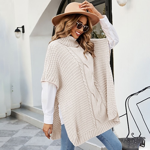 

Women's Shirt Shrugs Black Khaki Beige Plain Crochet Short Sleeve Casual Weekend Ponchos Capes High Neck Regular S