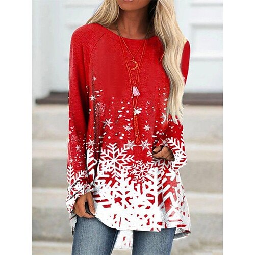 

Women's T shirt Tee Tunic Green Black Red Graphic Snowflake Print Long Sleeve Christmas Daily Basic Christmas Round Neck Long S