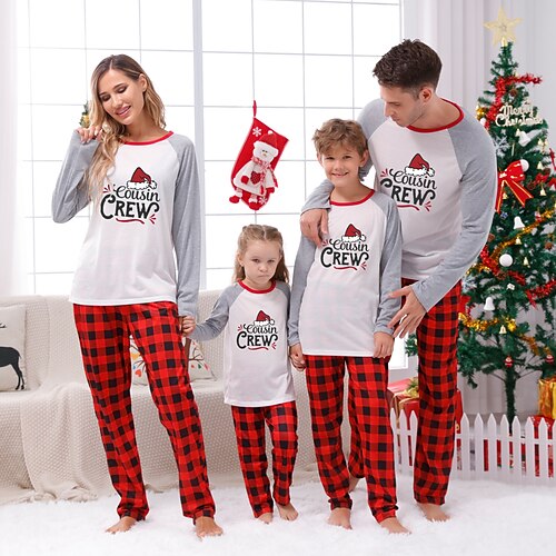 

Christmas Pajamas Family Plaid Letter Home Gray Long Sleeve Basic Matching Outfits