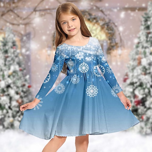 

Kids Girls' Christmas Dress Snowman Casual Dress Above Knee Dress Christmas Gifts Crewneck Crew Neck Long Sleeve Adorable Dress 3-10 Years Winter Blue Navy Blue Light Blue