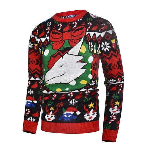 

Men's Sweater Ugly Christmas Sweater Pullover Sweater Jumper Ribbed Knit Cropped Knitted Christmas Pattern Crew Neck Keep Warm Modern Contemporary Christmas Work Clothing Apparel Fall & Winter Red S