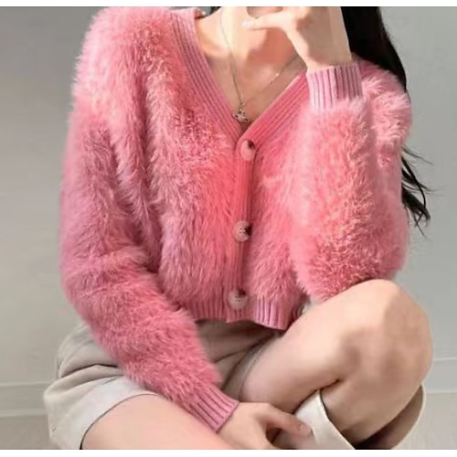 

Women's Cardigan Sweater Jumper Crochet Knit Cropped Knitted Solid Color V Neck Casual Work Daily Winter Fall Pink One-Size