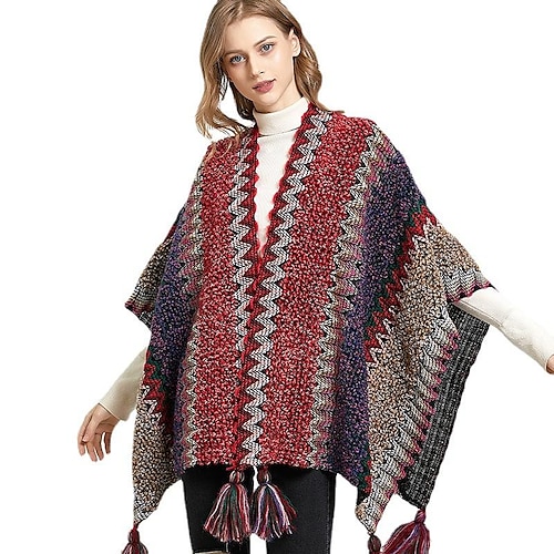 

Women's Shirt Shrugs Grass Green Green Blue Color Block Tassel Crochet Long Sleeve Casual Ponchos V Neck Regular F