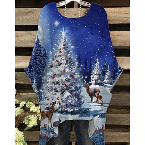 

Women's Plus Size Christmas Tops T shirt Tee Christmas Tree Snowflake Print Half Sleeve Crew Neck Casual Festival Christmas Daily Cotton Spandex Jersey Winter Fall Green Blue