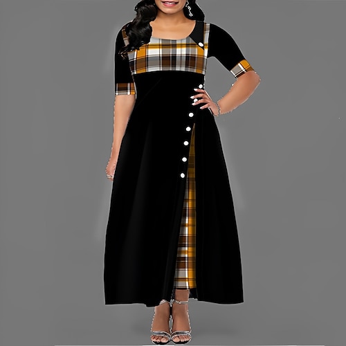 

Women's Plus Size Casual Dress Plaid Crew Neck Print Half Sleeve Winter Fall Elegant Casual Maxi long Dress Work Daily Dress / Date