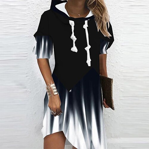 

Women's Hoodie Dress Shift Dress Mini Dress Black Long Sleeve Color Gradient Print Winter Fall Hooded Vacation Casual 2022 S M L XL XXL 3XL