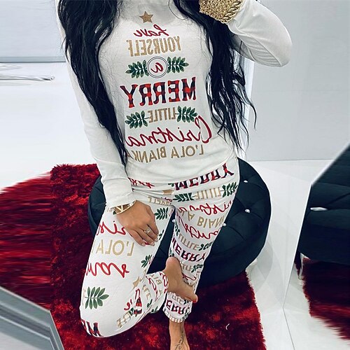 

Women's Christmas Pajamas Sets Letter Casual Comfort Soft Home Daily Polyester Breathable Crew Neck Long Sleeve Pant Winter Fall White