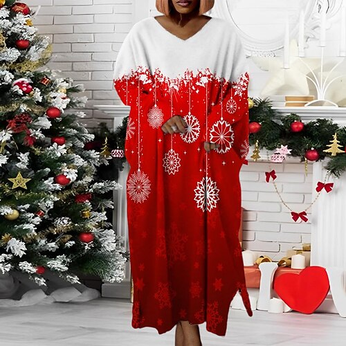 

Women's Plus Size Christmas Dress Print V Neck Long Sleeve Winter Fall Modern Maxi long Dress Daily Dress