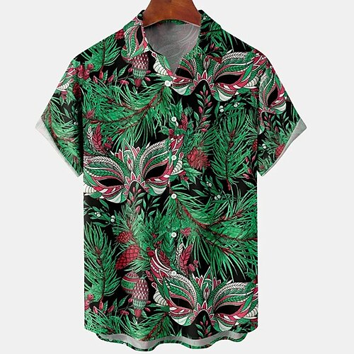 

Men's Shirt Aloha Shirt Graphic Prints Mask Turndown Green 3D Print Outdoor Street Short Sleeves Button-Down Print Clothing Apparel Tropical Designer Casual Hawaiian