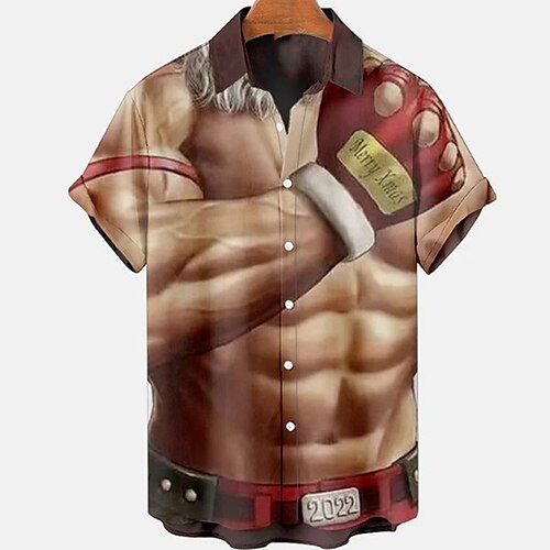 

Men's Shirt Santa Claus Graphic Prints Muscle Turndown Red Gray 3D Print Christmas Street Short Sleeves Button-Down Print Clothing Apparel Fashion Designer Casual Soft