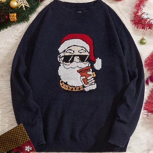 

Men's Sweater Ugly Christmas Sweater Pullover Sweater Jumper Ribbed Knit Cropped Knitted Santa Claus Crew Neck Keep Warm Modern Contemporary Christmas Work Clothing Apparel Fall & Winter Black S M L