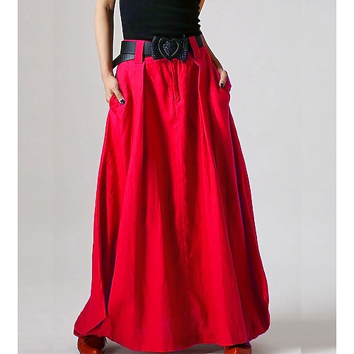 

Women's Skirt Work Skirts Long Skirt Maxi Cotton Black Yellow Red Gray Skirts Pocket Belt Not Included Without Lining Daily Weekend S M L