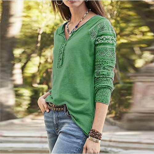 

Women's Blouse Shirt Green Blue Geometric Button Print Long Sleeve Casual Ethnic Round Neck Regular Geometric S