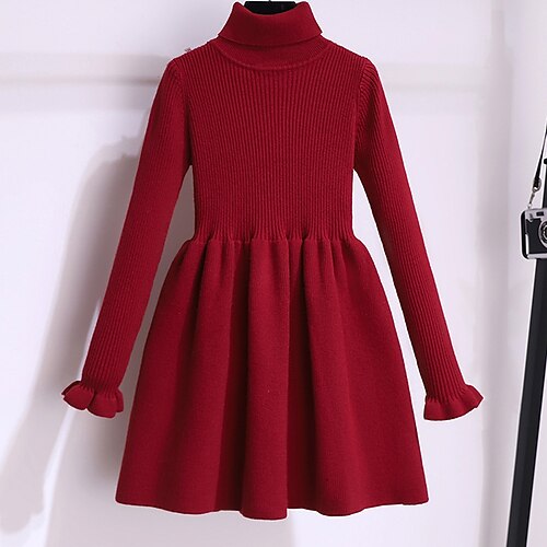 

Kids Girls' Dress Solid Color Sweater Dress Knee-length Dress School Ruched Standing Collar Long Sleeve Daily Dress 3-12 Years Winter Black Red