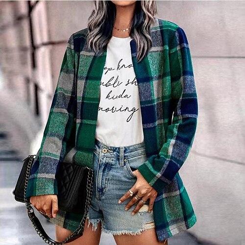 

Women's Shacket Green khaki Orange Plaid Color Block Long Sleeve Going out Streetwear Long S