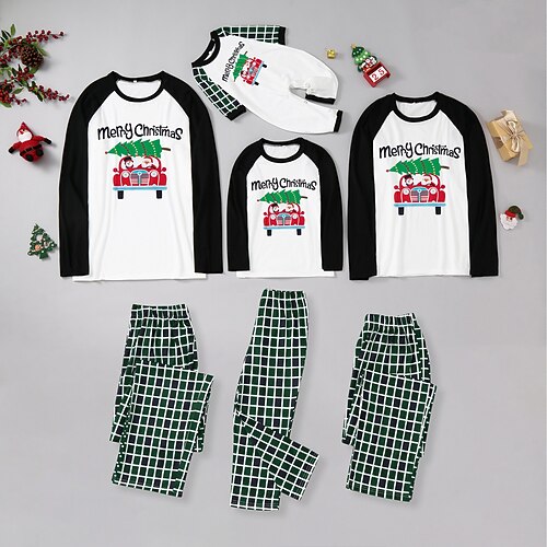 

Christmas Pajamas Family Santa Claus Christmas Tree Home Crewneck Black Long Sleeve Basic Matching Outfits
