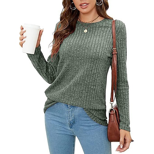 

Women's T shirt Tee claret caramel colour Green Plain Long Sleeve Daily Weekend Basic Round Neck Regular S