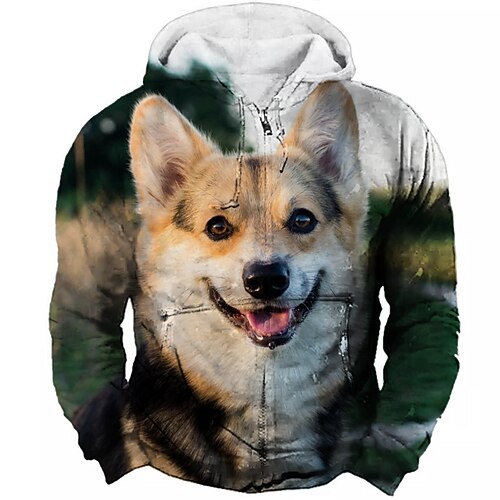 

Men's Full Zip Hoodie Jacket Khaki Brown Hooded Animal Dog Graphic Prints Zipper Print Sports Outdoor Daily Sports 3D Print Streetwear Designer Casual Spring Fall Clothing Apparel Hoodies