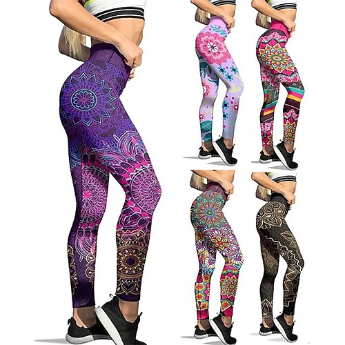 

Women's Yoga Leggings Tummy Control Butt Lift Quick Dry High Waist Yoga Fitness Gym Workout Tights Leggings Floral Stripes White Black Purple Sports Activewear Stretchy Skinny / Athletic / Athleisure