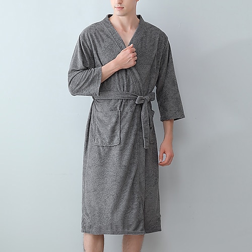 

Men's Robe Bath Robe Pure Color Fashion Simple Plush Home Polyester Warm Breathable Plunging Neck Long Robe Pocket Belt Included Winter Brown Navy Blue