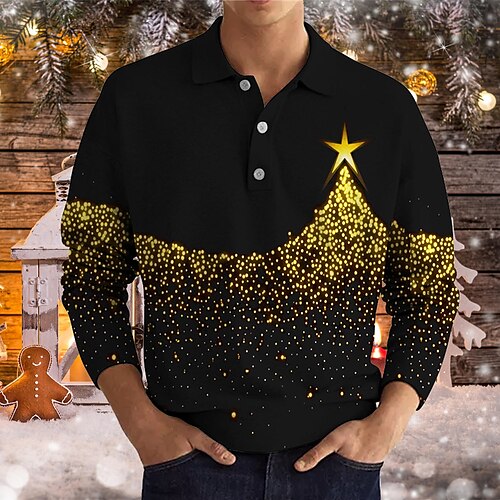

Men's Collar Polo Shirt Golf Shirt Star Turndown Gold 3D Print Christmas Street Long Sleeve Button-Down Print Clothing Apparel Fashion Designer Casual Breathable