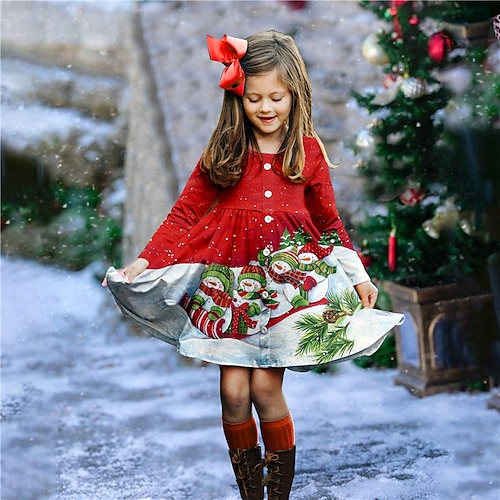 

Kids Girls' Christmas Dress Snowman Casual Dress Above Knee Dress Christmas Gifts Button Crew Neck Long Sleeve Adorable Dress 3-10 Years Winter Red