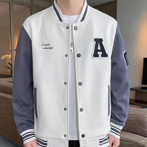 

Men's Varsity Jacket Warm Daily Wear Vacation Going out Single Breasted Standing Collar Comfort Leisure Jacket Outerwear Color Block Button Pocket Black Blue White