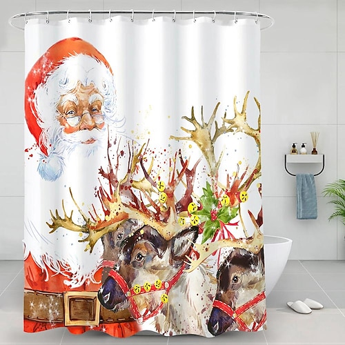 

Christmas Shower Curtain,Christmas Tree Santa Claus Snow Scene Christmas Party Home Bathroom Decorative Print Modern Polyester Processing Waterproof Shower Curtain with Hook
