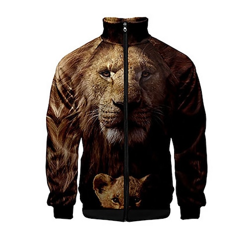 

Men's Coat Warm Sports & Outdoor Zipper Animal Lion Graphic Prints 3D Printed Graphic Standing Collar Fashion Jacket Outerwear Long Sleeve Zipper Fall & Winter