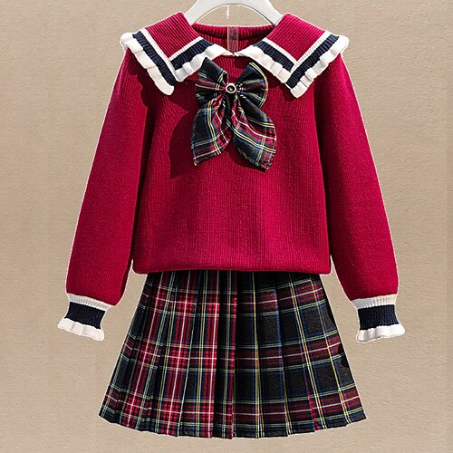 

2 Pieces Kids Girls' Plaid Pleated Skirt & Sweater Set Long Sleeve Fashion School 7-13 Years Winter Red Navy Blue