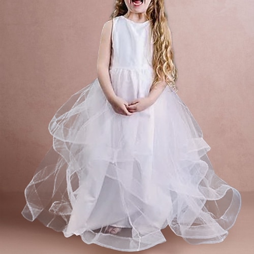 

Wedding Party A-Line Flower Girl Dresses Jewel Neck Floor Length Satin Tulle with Buttons Cascading Ruffles Elegant Cute Girls' Party Dress Fit 3-16 Years