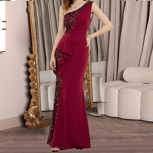 

Women's Party Dress Sequin Dress Long Dress Maxi Dress Wine Sleeveless Pure Color Sequins Winter Fall Spring One Shoulder Festival Dress Wedding Date 2022 S M L XL