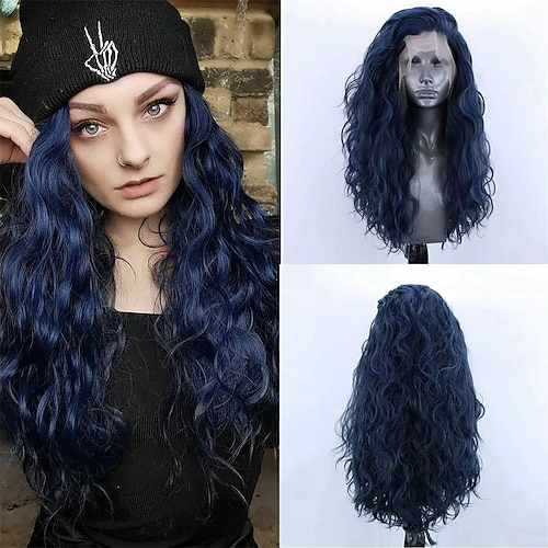 

Dark Blue Long Curly Synthetic Lace Front Wigs for Women Free Part Pre Plucked Natural Hairline Lace Front Synthetic Cosplay Wigs Glueless Daily Wear Costume Wig 24 Inches