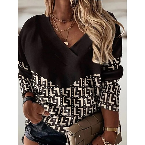 

Women's Plus Size Tops Blouse Plaid Print Long Sleeve V Neck Streetwear Casual Daily Going out Cotton Winter Fall Black khaki