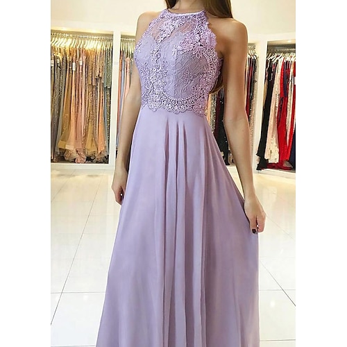 

A-Line Prom Dresses Empire Dress Formal Floor Length Sleeveless High Neck Chiffon Backless with Pleats Beading Appliques 2022