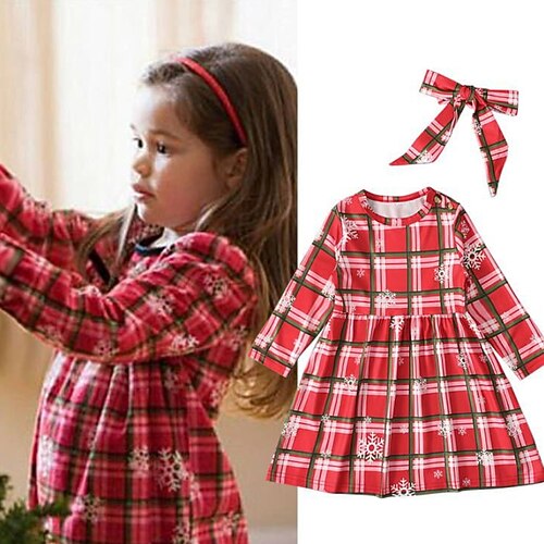

Kids Girls' Christmas Dress Plaid A Line Dress Dress Outdoor Cotton Long Sleeve Active Dress 3-7 Years Winter Red