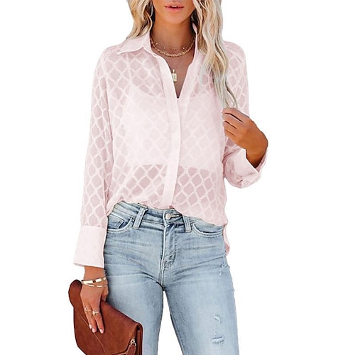 

Women's Blouse Shirt Black Purple Pink Plaid Button Long Sleeve Casual Basic Shirt Collar Regular S