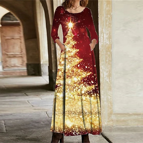 

Women's Casual Dress Swing Dress Maxi long Dress Wine Red Long Sleeve Christmas Tree Pocket Winter Fall Spring Crew Neck Fashion Christmas Daily Vacation 2022 S M L XL XXL 3XL