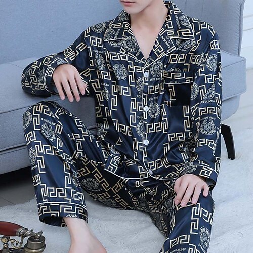 

Men's Sleepwear Silk Pajama 2 Pieces Letter Star Simple Comfort Home Daily Faux Silk Breathable Lapel Long Sleeve Pant Pocket Fall Spring Lake blue Blue